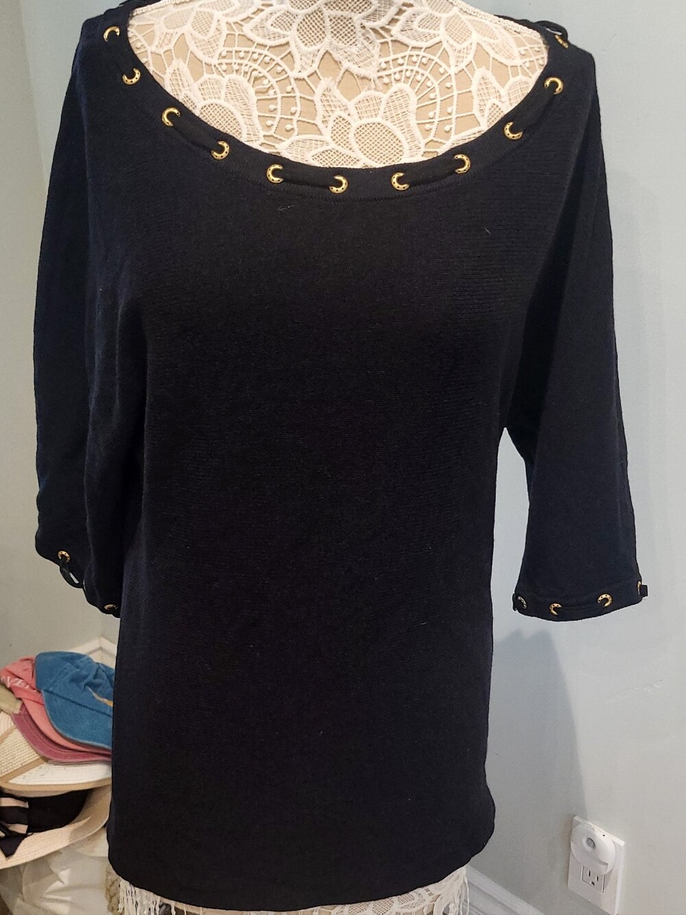 St. John Black Boatneck Top with Gold Grommet Trim